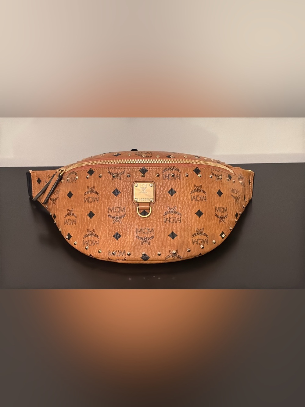 MCM Cognac Monogram Studded Leather Belt Bag